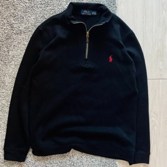 Polo Ralph Lauren Quarter Zip Sweater Men’s Medium Black Red Pony Pullover - Picture 1 of 5